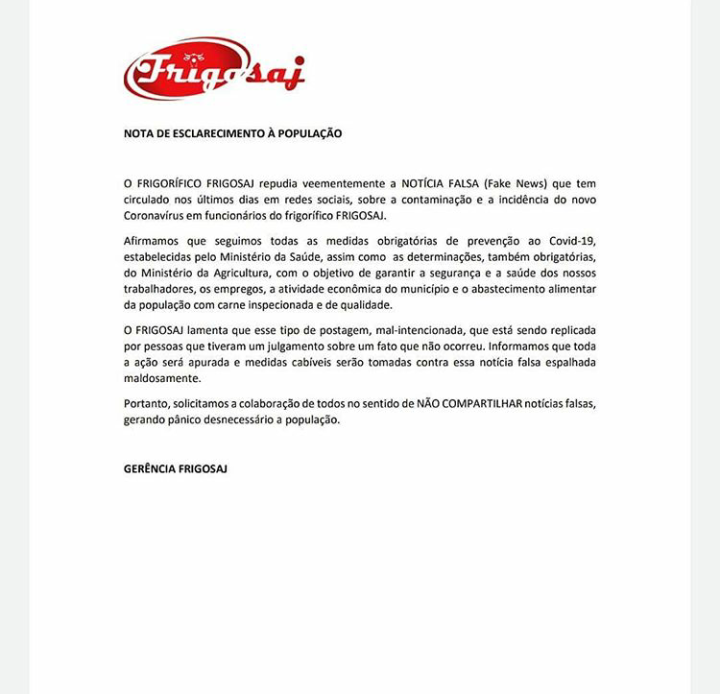 É fake news que FRIGOSAJ tem funcionários contaminados por Covid-19, diz nota da empresa
