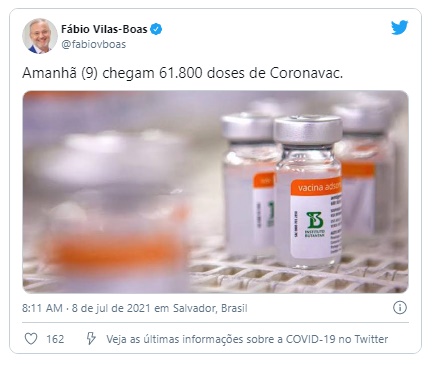 Mais de 170 mil doses de vacinas devem chegar na Bahia
