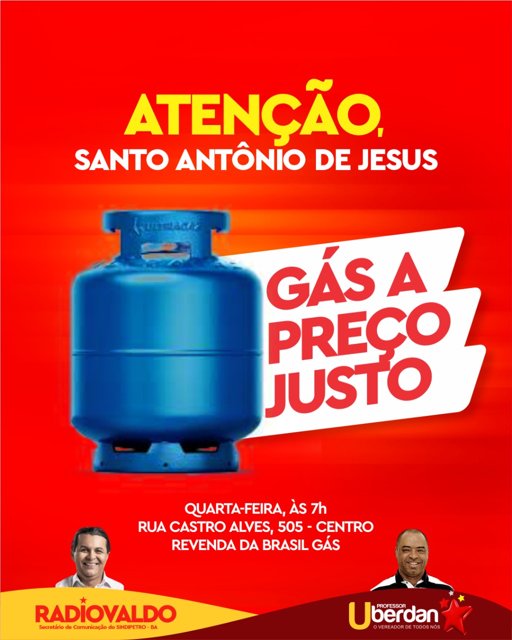 Ação promovida pelo vereador Uberdan e Sindipetro venderá Botijão de gás a R$ 50 em SAJ