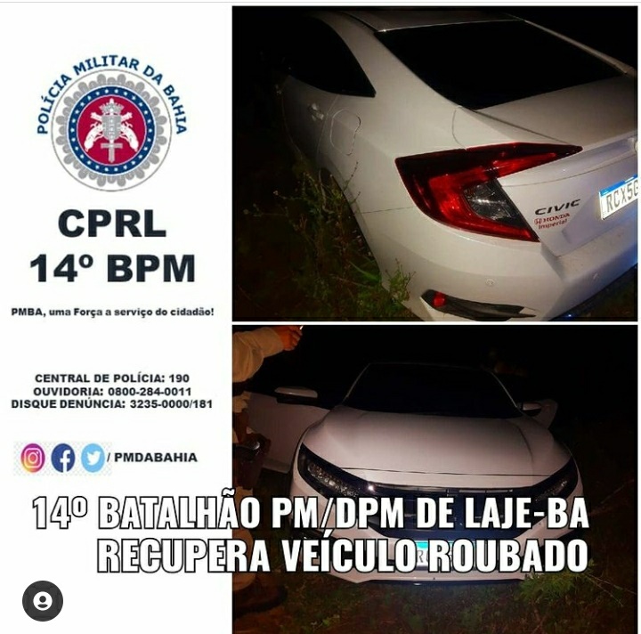 Carro roubado em SAJ é recuperado pela PM na cidade de Laje