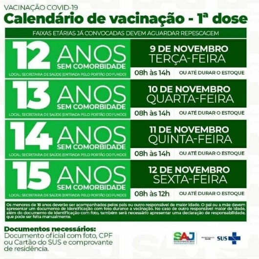 SAJ divulga calendário de vacinação de jovens de 12 a 15 anos sem comorbidades