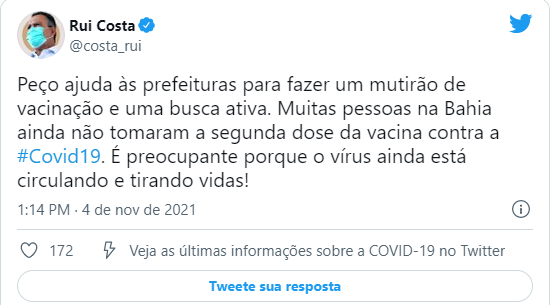 Rui Costa solicita que prefeituras do interior promovam mutirões em busca dos faltosos da 2ª dose contra o covid