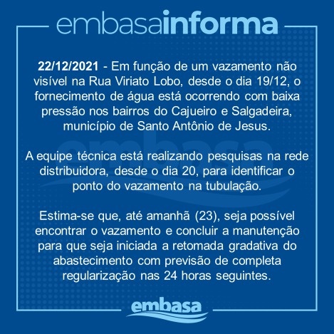 Vazamento pode ser a causa da baixa pressão no abastecimento de água no bairro do Cajueiro, explica Embasa