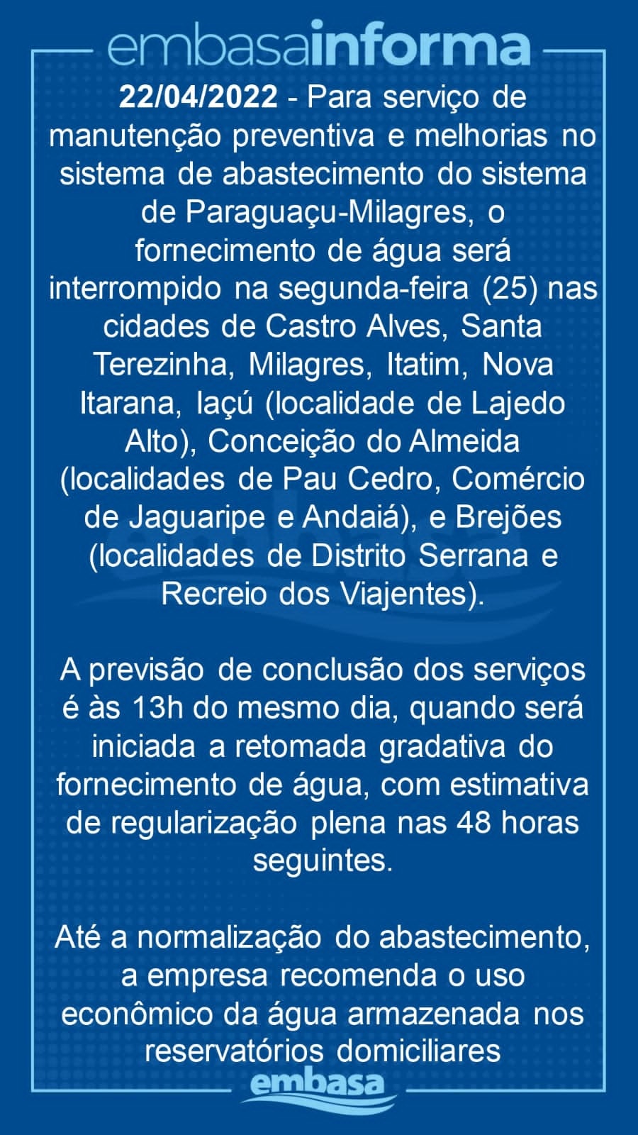 Embasa interrompe abastecimento de água em Conceição do Almeida e outras cidades nesta segunda-feira (25)