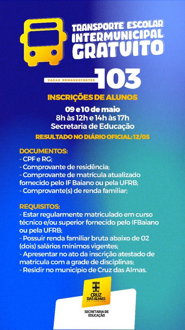 Prefeitura de Cruz das Almas abre seleção de 103 vagas remanescentes do transporte intermunicipal gratuito para o IF Baiano e UFRB