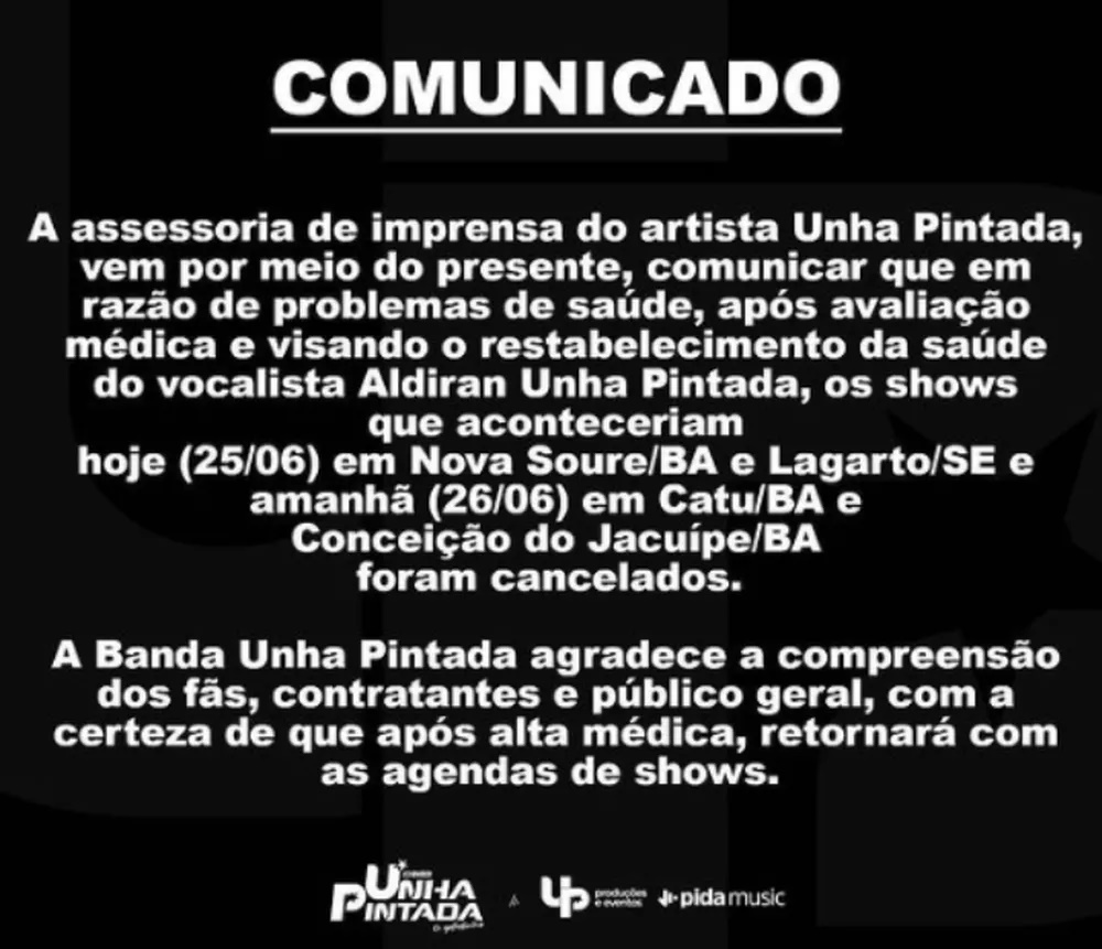 Banda Unha Pintada cancela agenda de shows após vocalista apresentar problemas de saúde
