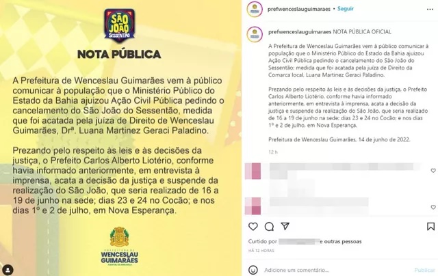 Por decisão da Justiça, prefeitura de Wenceslau Guimarães cancela festa de São João após pedido do Ministério Público — Foto: Reprodução/Redes Sociais
